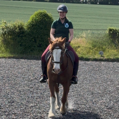 A female rider wearing a green polo shirt, riding a chestnut pony. They are riding down the centre line towards the camera