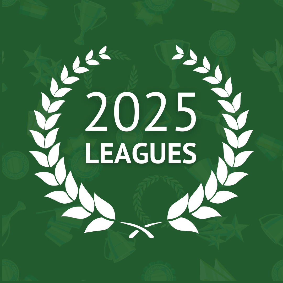 Green background with wreath and text: 2025 Leagues