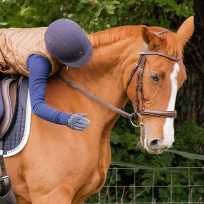 Horse and rider, the rider is leaning down to pat the horse