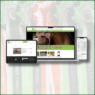 Background image of large colourful championship rosettes. In the foreground is a computer screen, an iPad and iPhone all showing the Dressage Anywhere website