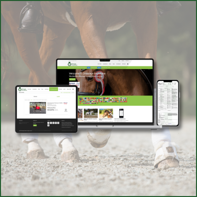 In the background a close up of a horse's hooves in motion, in the foreground a computer screen, iPad and iPhone all showing the Dressage Anywhere platform in action