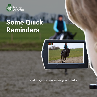 A person filming a rider on a dark horse in an outdoor arena, viewed over the videographer's shoulder. A video screen displays the recording in progress. Overlay text reads 'Dressage Anywhere: Some Quick Reminders ...and ways to maximise your marks'