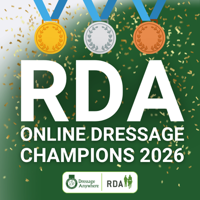Green background with gold silver and bronze medals at the top. Gold confetti fills the page and the text reads RDA Online Champions 2026