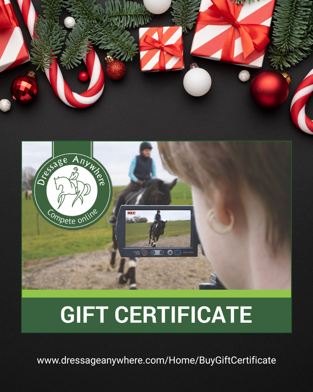 Black background with a flatlay arrangement of wrapped presents, baubles and tree branches