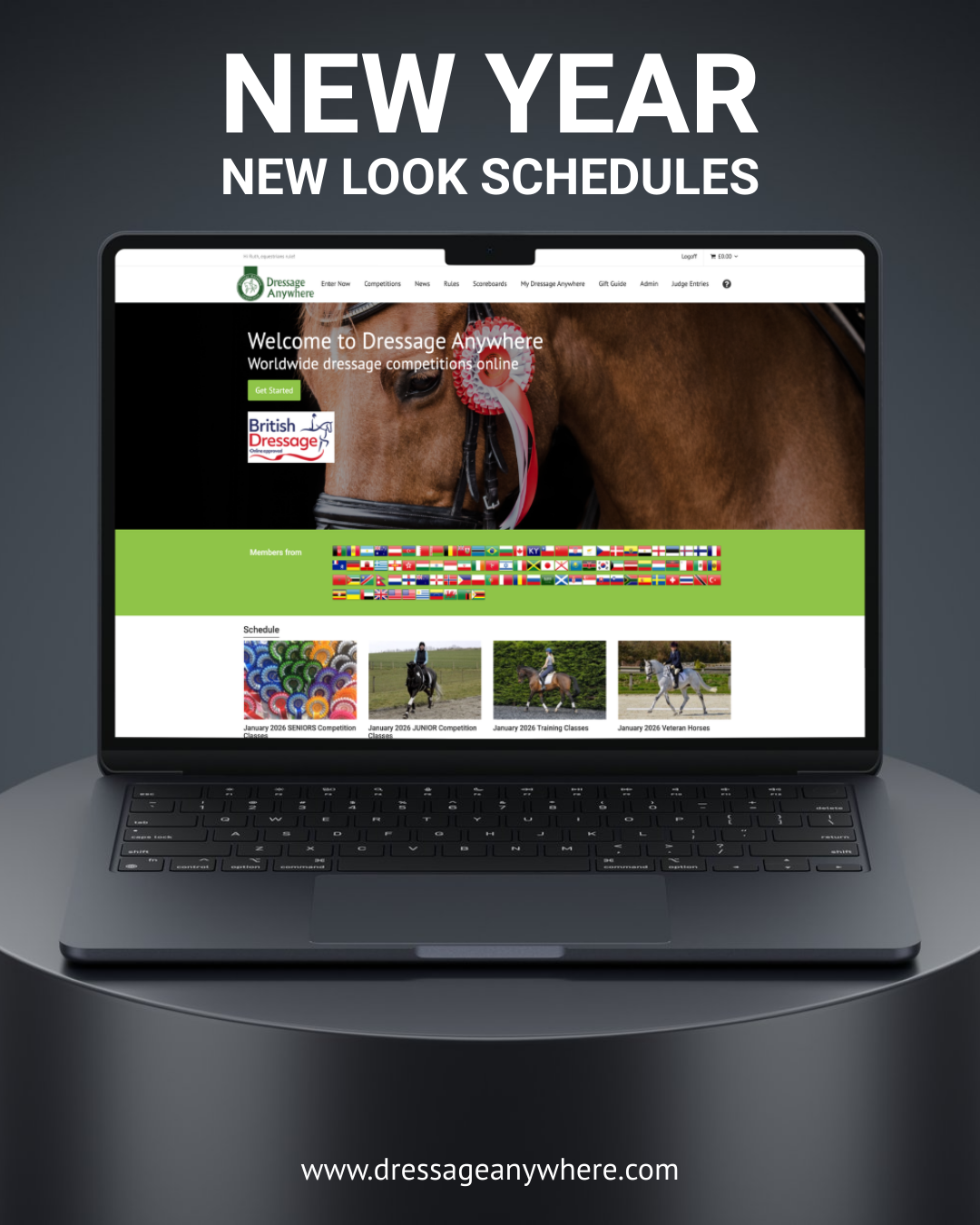 Black background with a table. A laptop sits on top of the table displaying the Dressage Anywhere Homepage