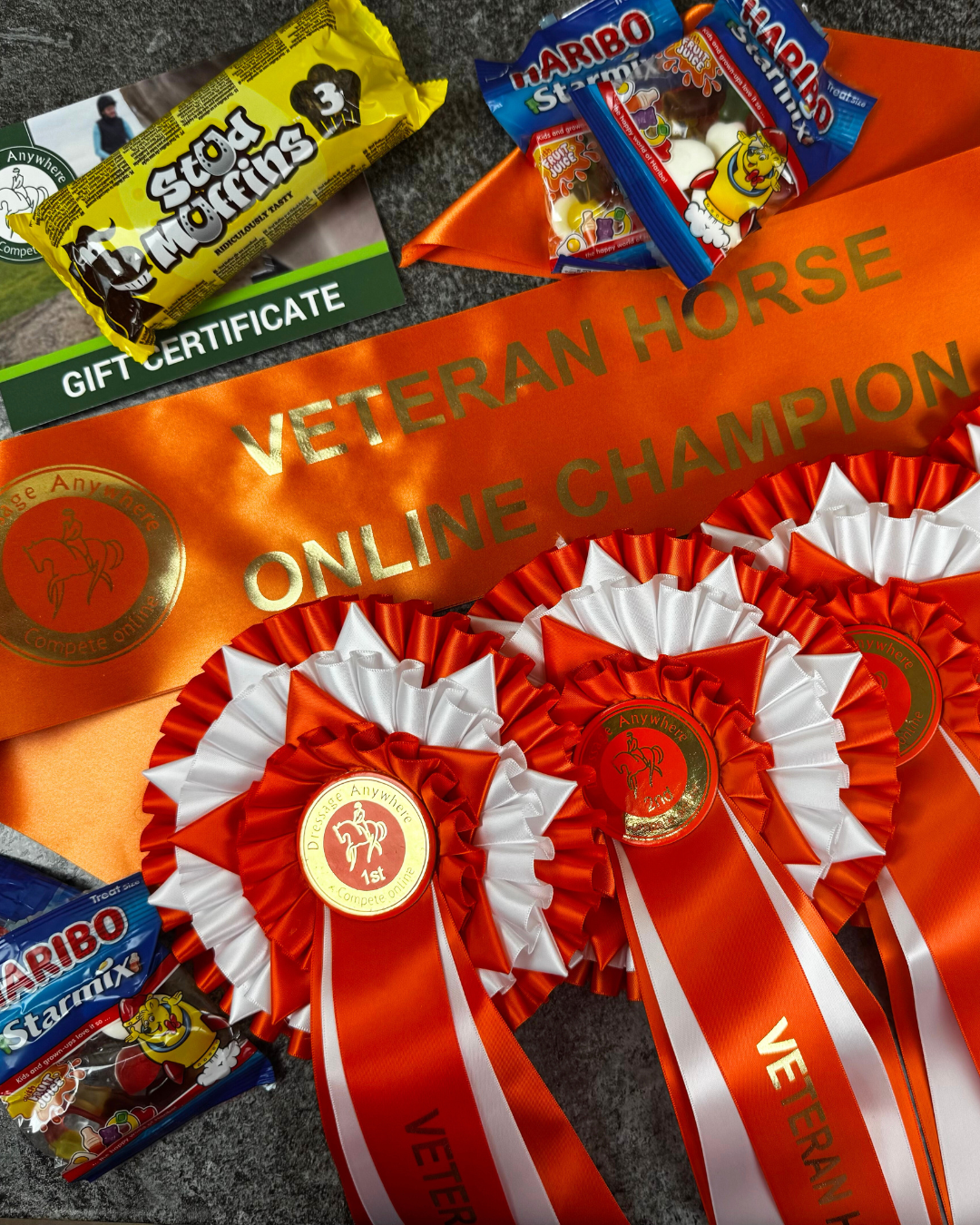 Orange and white championship rosettes laid on top of a orange sash that says: Veteran Horse Online Championship